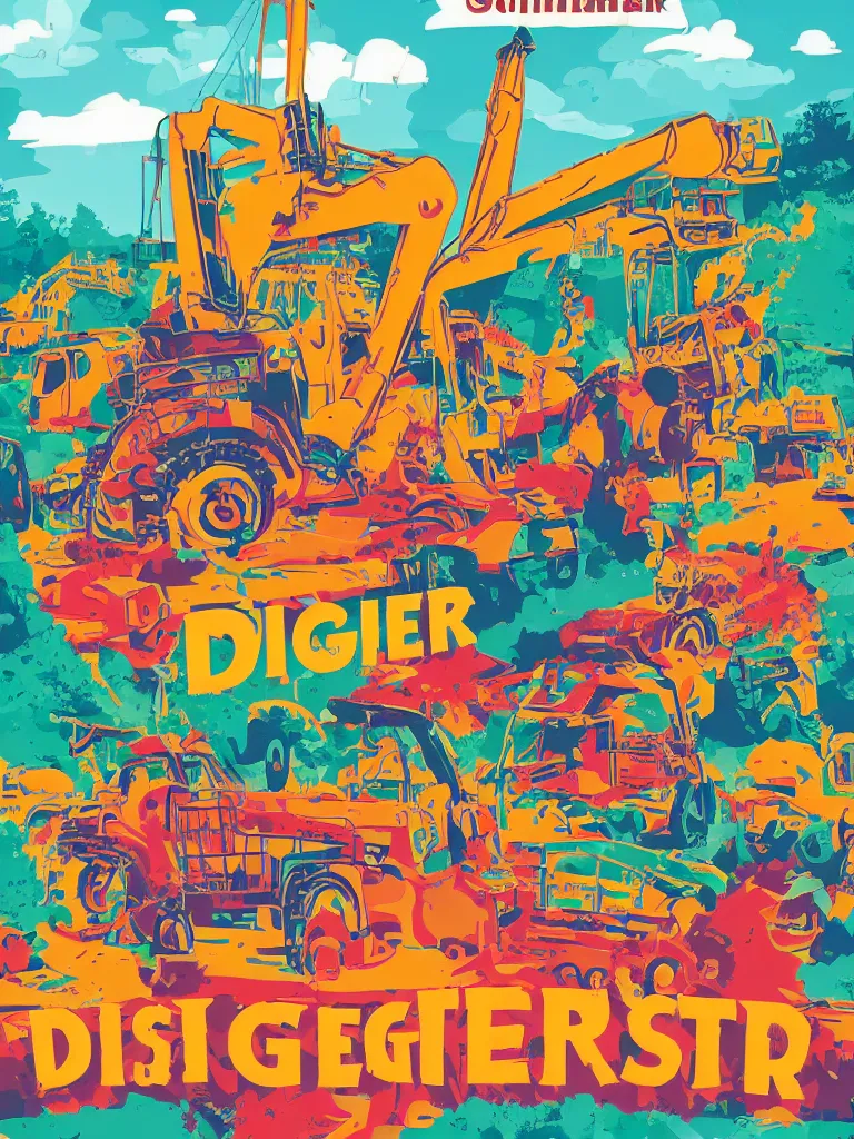 Image similar to poster for a summer festival called diggerfest in the united kingdom, digger land, really good vibes, colorful, construction, friends, hot, rule of thirds, trendy, gen z