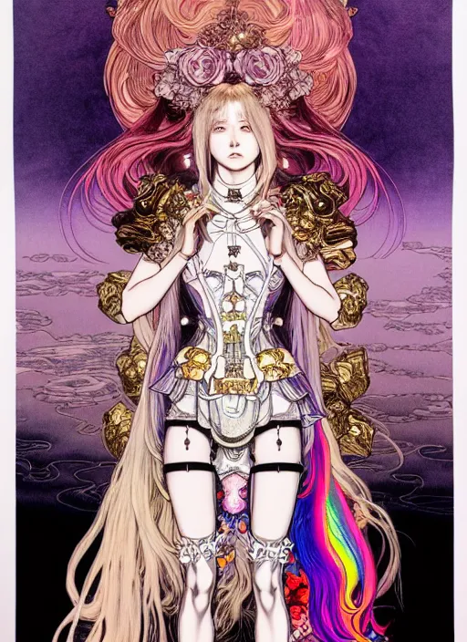 Image similar to artstation highly detailed terada katsuya ayami kojima manga poster of princess mechine, rainbow gradient reflection, long hair, armor, dress, laces, ruffles, 8 k, maximalist,, jump comics, tomer hanuka, alphonse mucha