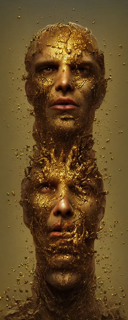 Prompt: Hyper realistic god of death portrait with melting face, gold raining in the background, Cinematic lighting, ultra super good realistic 3D render by Gerald Brom and Zdzisław Beksiński, insanely detailed, trending on artstation, 8k