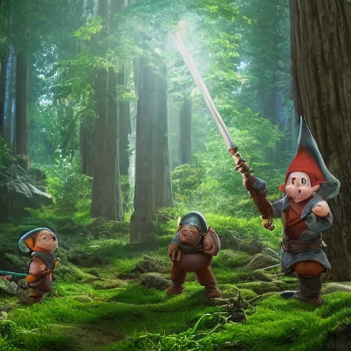 Prompt: a fantasy halfling gnome buffing his halfling allies in a redwood forest, unreal engine, octane render, realistic, matte painting, masterpiece, studio ghibli, beautiful, magical,