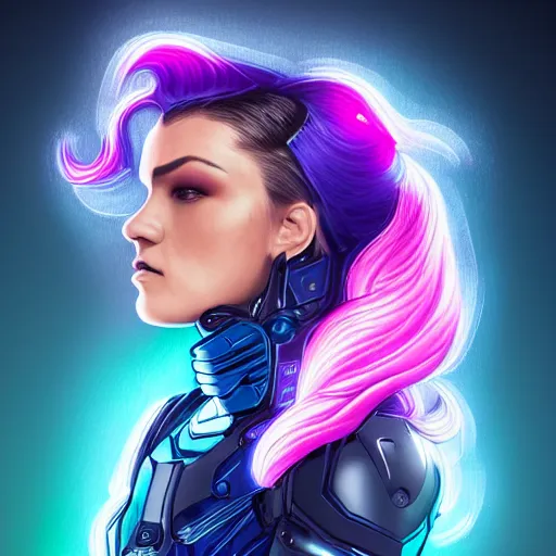 Image similar to a stunning upper body portrait of a beautiful young woman wearing futuristic navy blue and teal battle bodyarmor with pauldrons and inset glowing fine neon lines and ombre purple and pink hairstyle with hair blowing in the wind, by marvel comics, highly detailed, fine detail, intricate, digital art, trending on artstation