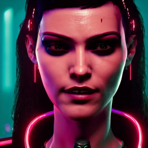 Image similar to female V from Cyberpunk 2077 wearing spiked choker, collar, choker, punk, collar, 4K, realistic, futuristic, neon,