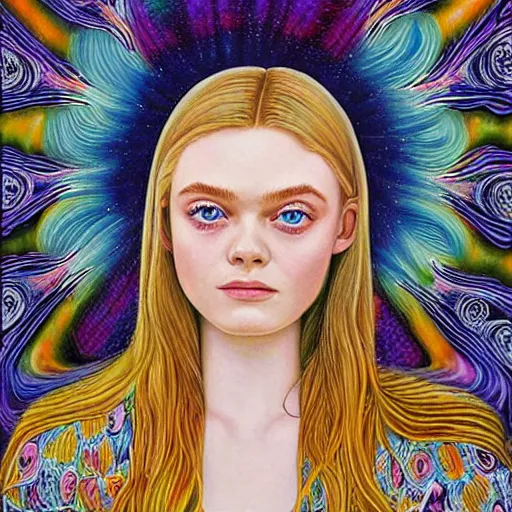 Prompt: professional painting of Elle Fanning in the style of Alex Grey, head and shoulders portrait, symmetrical facial features, smooth, sharp focus, illustration, intricate, stormy weather, extremely detailed masterpiece,