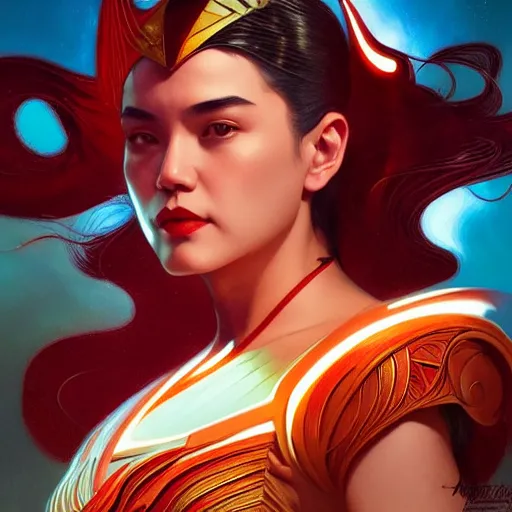 Prompt: bea alonzo as darna, volumetric lights, red and cyan theme, art nouveau botanicals, intricate, highly detailed, digital painting, artstation, concept art, smooth, sharp focus, cinematic, illustration, beautiful face, art by artgerm and greg rutkowski and alphonse mucha