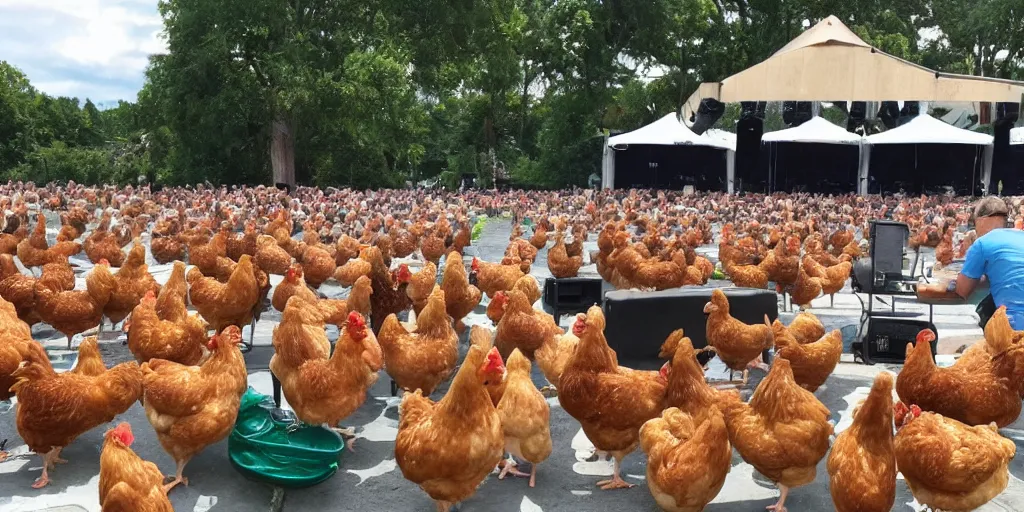 Prompt: summer music festival with only chicken as audience. no humans