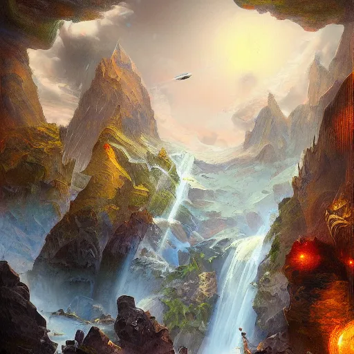 Prompt: detailed painting of a spaceship coming in to land close to a waterfall between two mountains, fantasy, high detailed, sabbas apterus