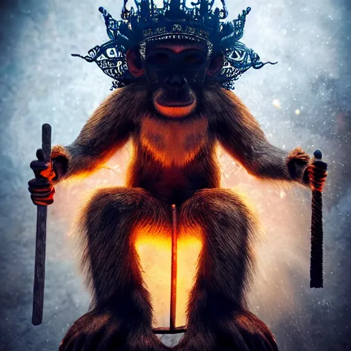 Image similar to monkey king godly lord of monkeys, wearing a crown, holding a staff, sitting in throne, dark lighting, dim lightning, red eyes, gothic dark style 8 k render high detail