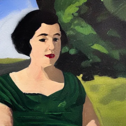 Image similar to a close up of a young woman from the fifties, seated in front of a landscape background, her black hair is a long curly, she wears a dark green dress, pleated in the front with yellow sleeves, puts her right hand on her left hand, oil painting