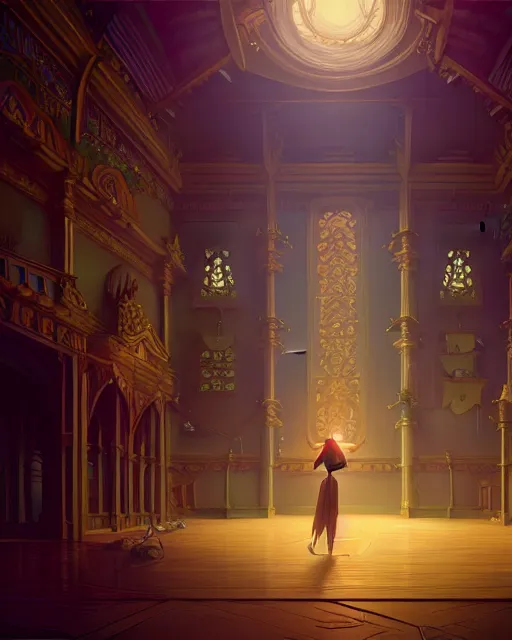 Image similar to highly detailed surreal vfx great hall, stephen bliss, unreal engine, greg rutkowski, loish, rhads, beeple, makoto shinkai and lois van baarle, ilya kuvshinov, rossdraws, tom bagshaw, alphonse mucha, global illumination, detailed and intricate environment