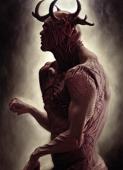 Prompt: half demon half human man intricate skin pattern texture, elegant, peaceful, playful full body, white horns, hyper realistic, extremely detailed, dnd character art portrait, dark fantasy art, intricate fantasy painting, dramatic lighting, vivid colors, deviant art, artstation, by edgar maxence and caravaggio and michael whelan and delacroix.