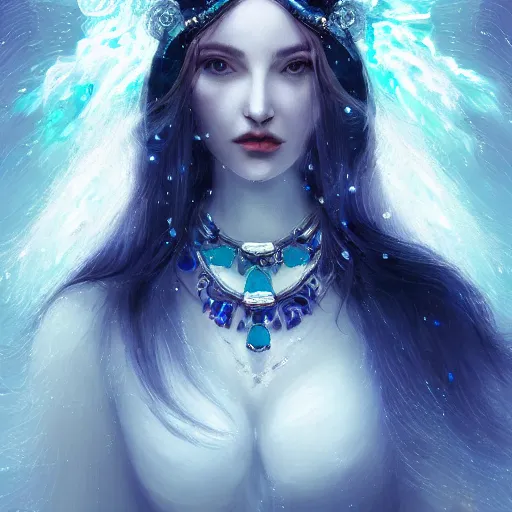Image similar to masterpiece portrait of an aesthetic beautiful mage woman, ice spell, 3 0 years old woman, thin face, black dynamic hair, wearing silver diadem with blue gems inlays, silver necklace, painting by wlop, atmospheric effects, chaotic blue sparks dynamics in the background, intricate, artstation, fantasy
