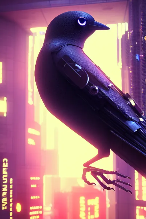 Image similar to high quality 3 d render very cute cyborg crow! incorporated speakers!, cyberpunk highly detailed, unreal engine cinematic smooth, in the style of blade runner & detective pikachu, hannah yata charlie immer, moody light, low angle, uhd 8 k, sharp focus