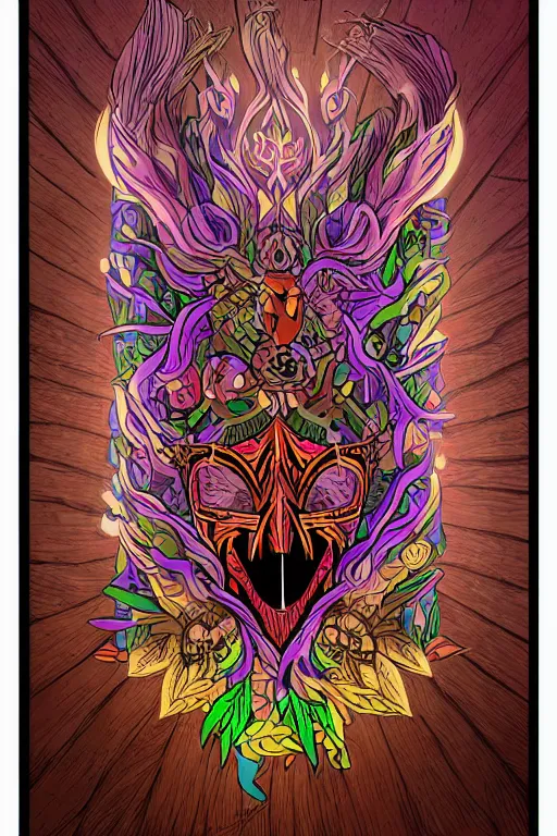 Image similar to animal mask totem roots flower tribal feather gemstone plant wood rock shaman vodoo video game vector cutout illustration vivid multicolor borderlands comics by josan gonzales and dan mumford radiating a glowing aura