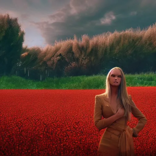 Image similar to a beautiful woman standing next to a field of poppies, dutch, blonde, tall, pretty, by tim walker, atmospheric, epic composition, trending on artstation, octane render