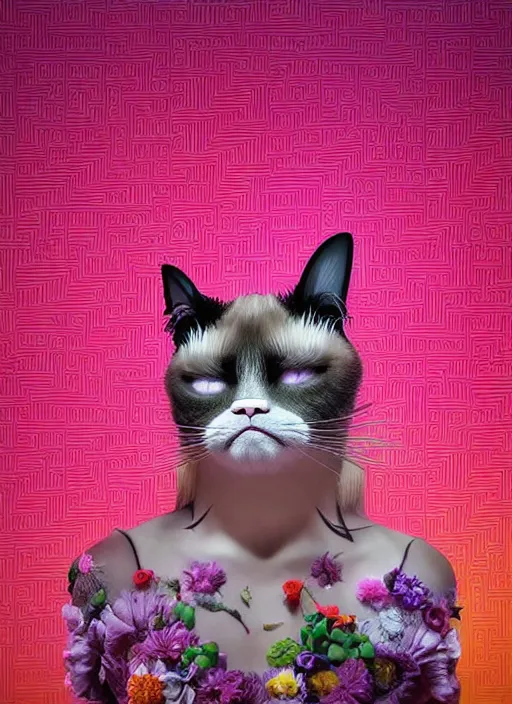 Prompt: hyper detailed 3d render like a sculpture - profile subsurface scattering (a beautiful fae princess grumpy cat protective playful expressive from that looks like a borg queen grumpy cat wearing a sundress made of flowers) seen red carpet photoshoot in UVIVF posing in caustic light pattern pool of water to Eat bite of the Strangling network of yellowcake aerochrome and milky Fruit and His delicate Hands hold of gossamer polyp blossoms bring iridescent fungal flowers whose spores black the foolish stars by Jacek Yerka, Ilya Kuvshinov, Mariusz Lewandowski, Houdini algorithmic generative render, golen ratio, Abstract brush strokes, Masterpiece, Victor Nizovtsev and James Gilleard, Zdzislaw Beksinski, Tom Whalen, Mark Ryden, Wolfgang Lettl, hints of Yayoi Kasuma and Dr. Seuss, Grant Wood, octane render, 8k, maxwell render, siggraph