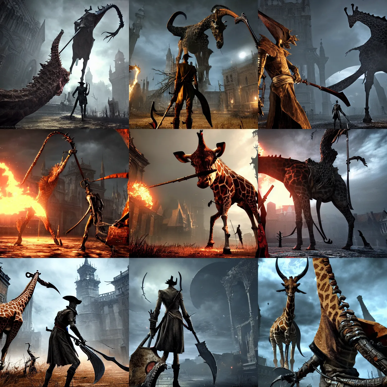 Prompt: boss fight against a giraffe with a scythe in bloodborne the game, high definition, high resolution, video game, rtx