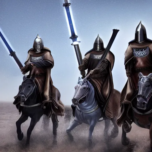 Image similar to Knights Templar with Jedi Swords Riding on Horses, DSLR, Depth of Field, Gamma, 4k, hd, detailed, cinematic