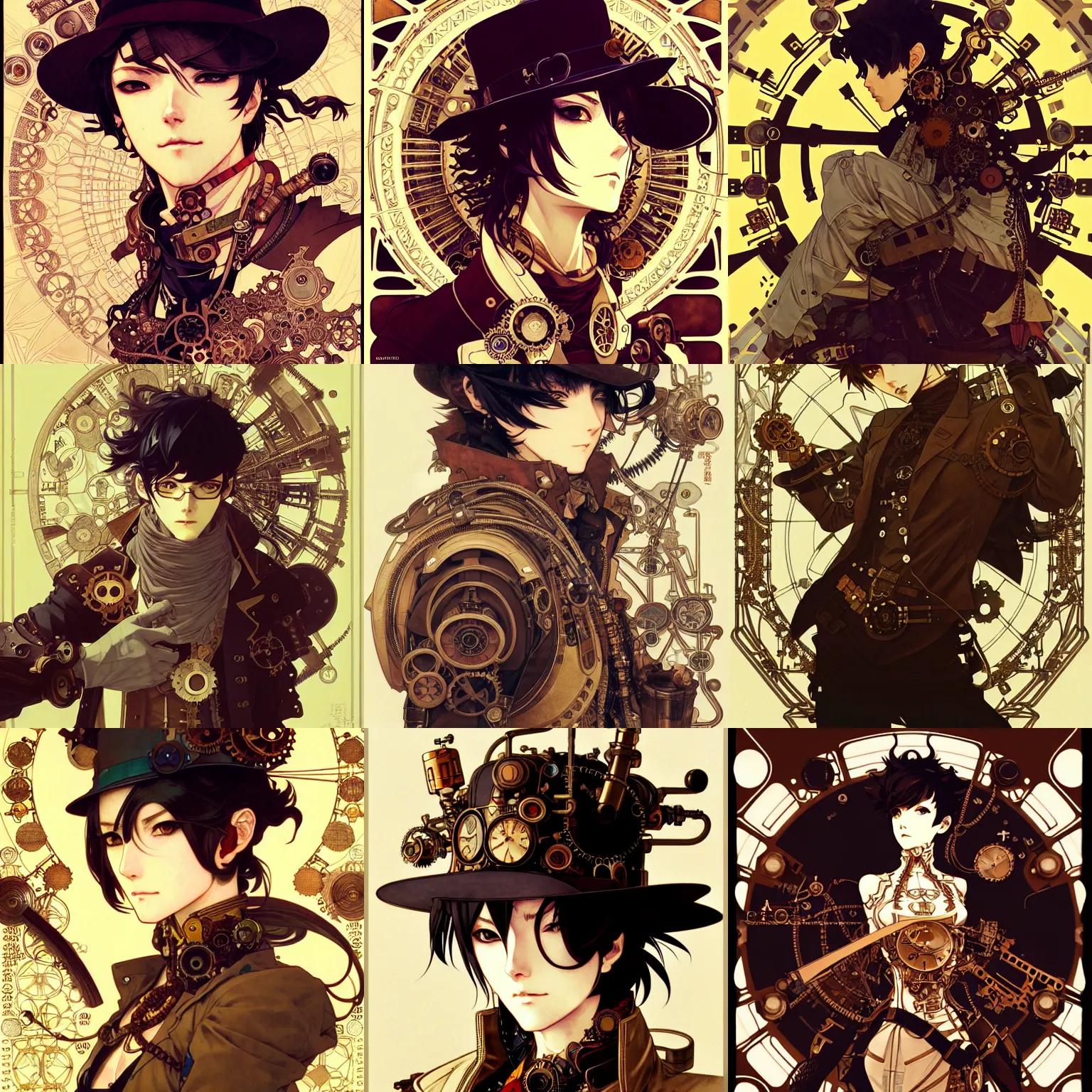 Prompt: detailed portrait of very cool steampunk space cowboy, concept art, intricate complexity, by shigenori soejima, krenz cushart, alphonse mucha, takato yamamoto, rule of thirds, 4 k, beautiful, cinematic dramatic atmosphere