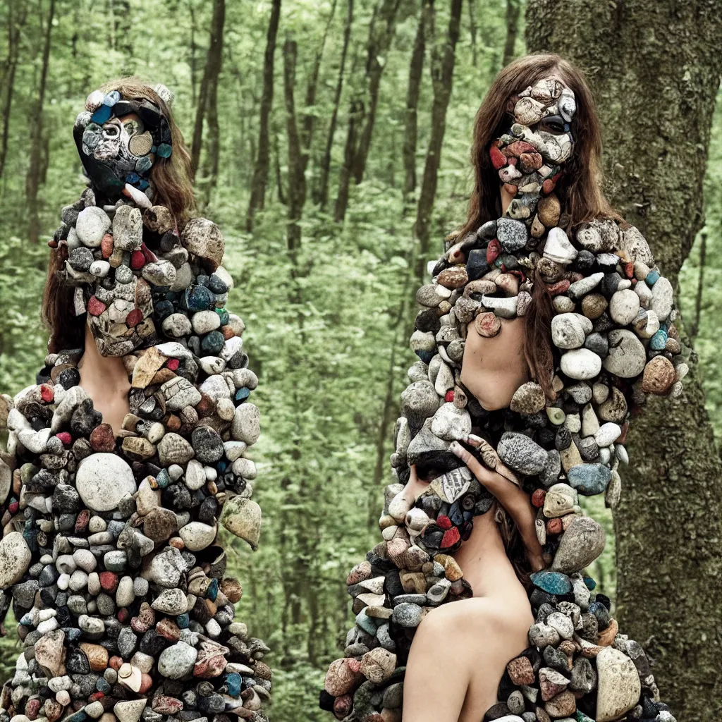 Image similar to a woman with a mask made of stones in a forest, vogue magazine