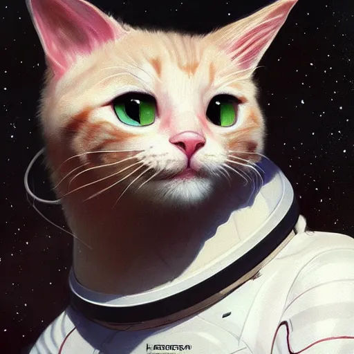 Image similar to head and shoulders masterpiece portrait of a cute adorable cat wearing a spacesuit, surreal background, digital art by krenz cushart, trending on artstation, cgsociety,