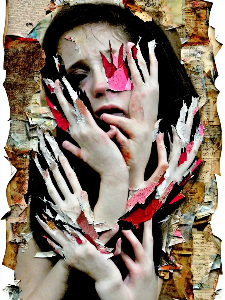 Image similar to a young adult angelgirl soft crying with lots of hands on her face and ratty feathered angel wings, stressed and burnt out, collage effect, collaged, torn paper, torn paper collage, overexposure, overexposed, high exposure