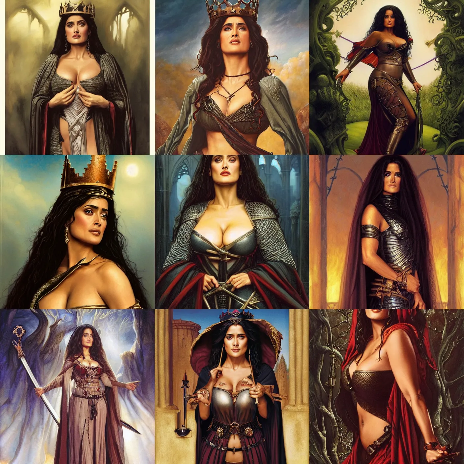 Prompt: Salma Hayek as a beautiful Medieval Queen , by Gerald Brom , Mark Arian , Artgerm