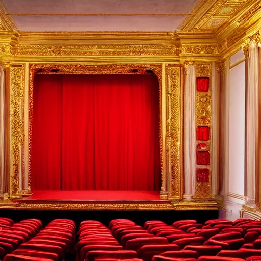 Image similar to an opera scenography of a barroque room, red color scheme.