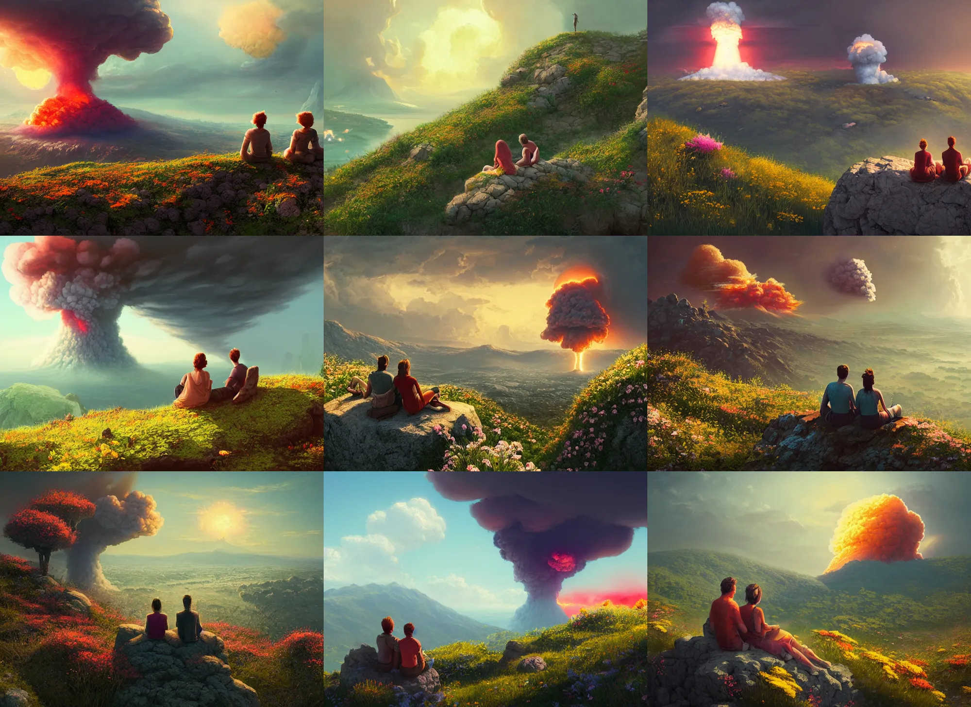 Prompt: a couple sitting on top of a rock covered hillside with flowers watching a nuclear explosion in a nearby city, a detailed matte painting by filip hodas, cgsociety, fantasy art, artstation hq, vfxfriday, dystopian art