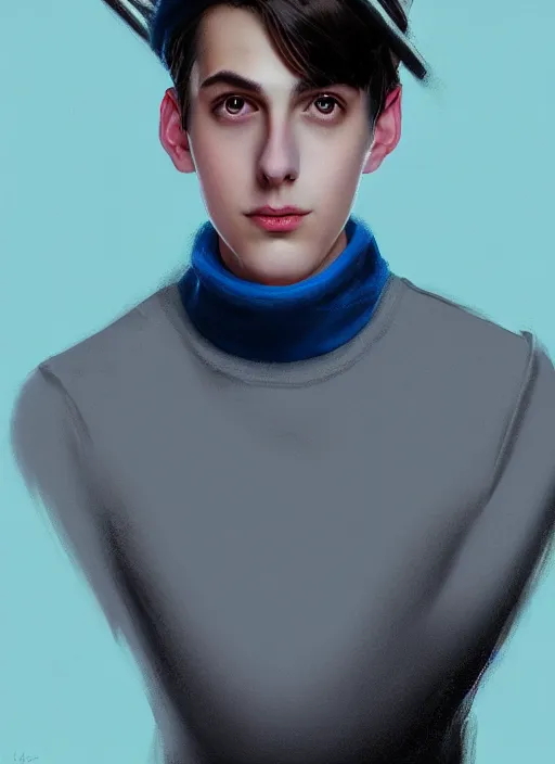 Image similar to portrait of teenage jughead jones wearing a light grey crown, crown, blue turtleneck, closed eyes, photorealistic, black hair, glowing lighting, intricate, elegant, glowing lights, highly detailed, digital painting, artstation, concept art, smooth, sharp focus, illustration, art by wlop, mars ravelo and greg rutkowski