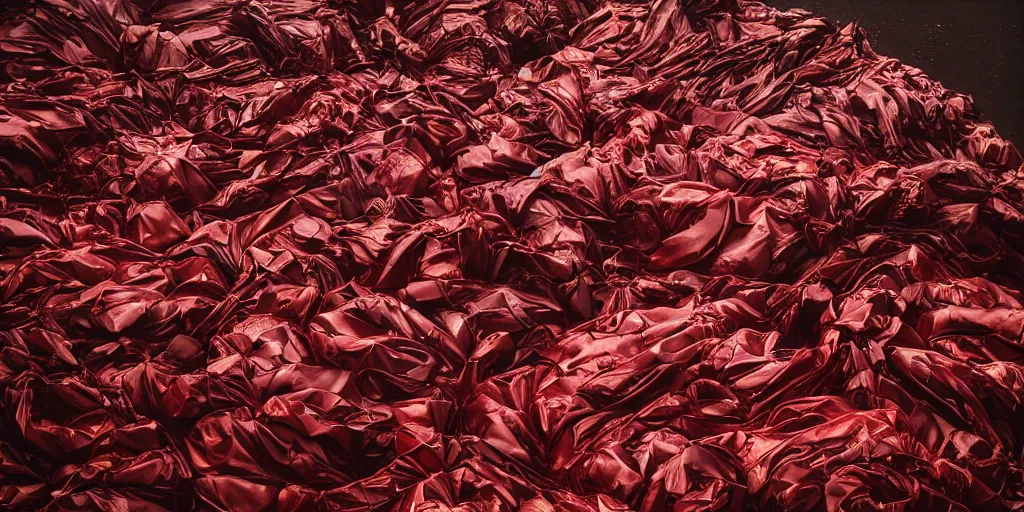 Image similar to photography of a mountain of red garbage bags full of color leds, photography by Annie Leibovitz and david lachapelle, photography award winning, rule of thirds, golden ratio, phi