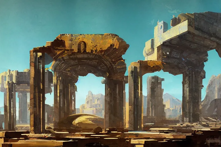 Image similar to an architectural painting of the ruins of an archaic city of ancient persia floating in the sky by syd mead and frazetta and james gilleard in the style of hugh ferriss, ancient persian architecture by hugh ferriss and peter mohrbacher