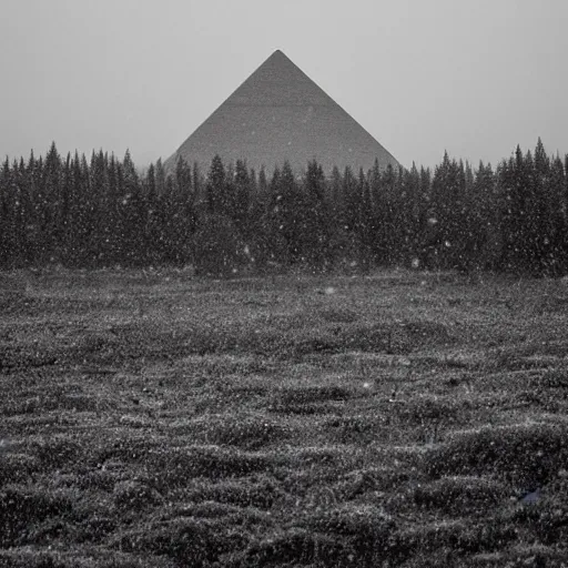 Prompt: a monolithic pyramid on the horizon in a taiga. overcast sky, snowing.