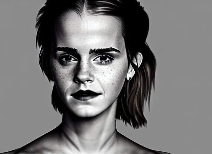 Image similar to mid shot portrait of emma watson in factory, in the style of david bailey, high fashion, id magazine, vogue magazine, surprising, freak show, realistic, sharp focus, 8 k high definition, film photography, photo realistic, insanely detailed, intricate, by david kostic and stanley lau and artgerm