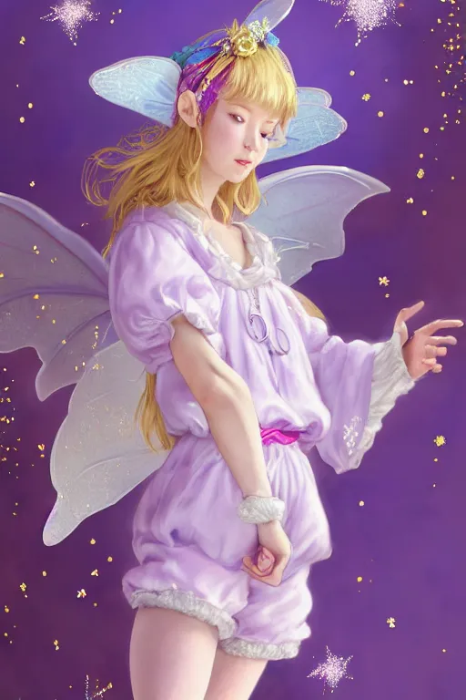 Image similar to Full View fairy maiden with short blond hair wearing an oversized purple Beret, Baggy Purple overall shorts, Short Puffy pants made of silk, silk shoes, a big billowy scarf, Golden Ribbon, and white leggings Covered in stars. covered in embroidery. Short Hair. peasant magic. masterpiece 4k digital illustration by Ruan Jia and Mandy Jurgens and Artgerm and william-adolphe bouguereau, award winning, Artstation, art nouveau aesthetic, Alphonse Mucha background, intricate details, realistic, panoramic view, Hyperdetailed, 8k resolution, intricate art nouveau