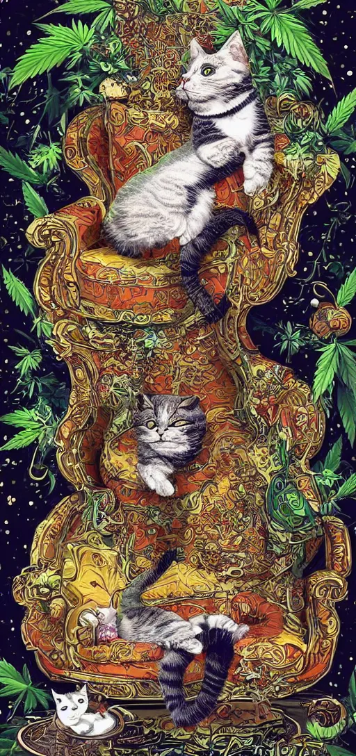 Image similar to ”happy smiling cat holding a marifuana joint while sitting high on a sofa, marijuana leaves swirling in the background, [ultra detailed, contrast, ornate and intricate, art by joe fenton]”