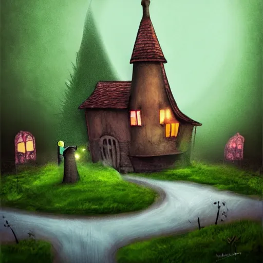 Prompt: realistic moomin house in haunted forest, creepy ambiance, digital painting