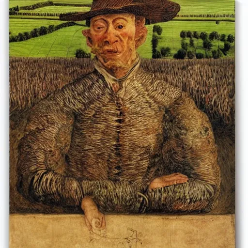 Prompt: Farmer tilling his field by Giuseppe Arcimboldo,