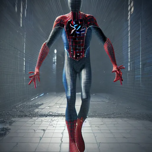 Prompt: 3 d model, spider - man by pantokrator rendered in unreal engine, orthodox cyberpunk, mech body, wires from the matrix movie, sci - fi