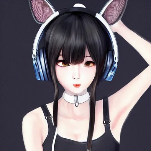 Prompt: realistic beautiful gorgeous natural cute Blackpink Lalisa Manoban black hair cute fur black cat ears, wearing white camisole, headphones, black leather choker artwork drawn full HD 4K highest quality in artstyle by professional artists WLOP, Taejune Kim, Guweiz on Pixiv Artstation