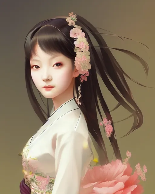 Prompt: Portrait of a beautiful young elegant girl in Chinese hanbok, Japanese anime style, gorgeous atmosphere, full of details, matte painting, concept art, smooth, by Ina Wong and wlop ，trending on cgsociety and artstation，8kHDR，light effect，