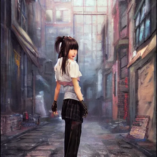 Image similar to a perfect, realistic professional oil painting of a Japanese schoolgirl posing in a dystopian alleyway, style of Marvel, full length, by a professional American senior artist on ArtStation, a high-quality hollywood-style concept