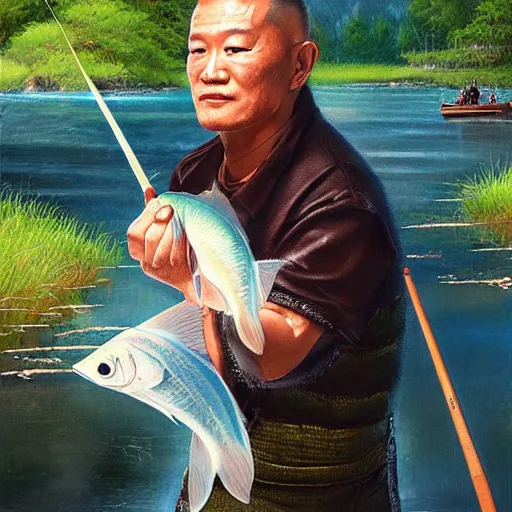 Image similar to portrait of minoru suzuki fishing, an oil painting by ross tran and thomas kincade