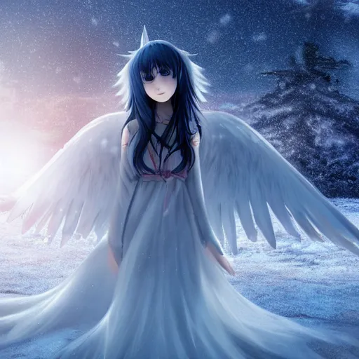 Image similar to anime girl with wings in a snowy tundra, beautiful, extremely detailed, foggy, snow, anime, cinematic lighting, blue eyes, white dress, moonlight, stars,