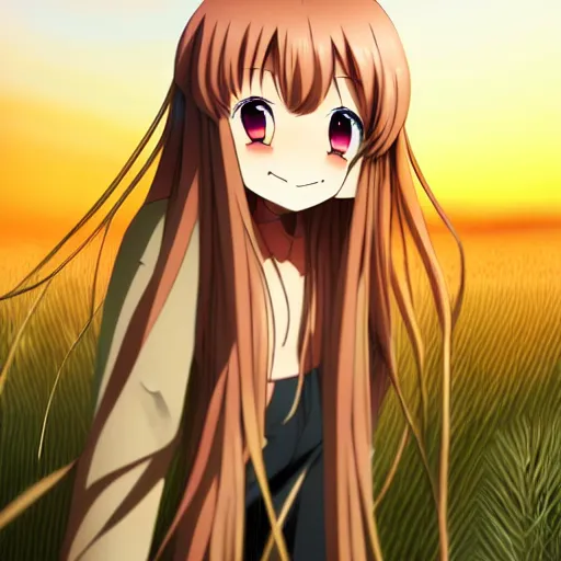 Image similar to anime illustration of Holo from Spice and Wolf standing in a wheat field at sunset, Holo is a wolf girl, high detail, trending on pixiv