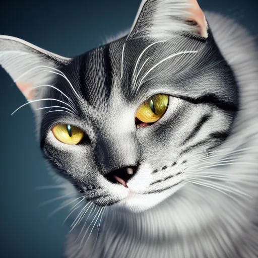 Prompt: A 3d render of a cat with metallic silver fur, hyperrealistic, bokeh, 8K