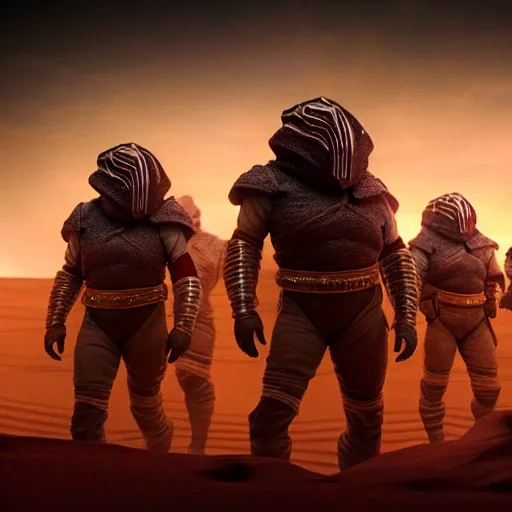 Prompt: sardaukar dwarves on Arrakis, full contact epic training fully armed, photorealistic hight detail HDR cinematic scene from the Dune movie by denis villeneuve