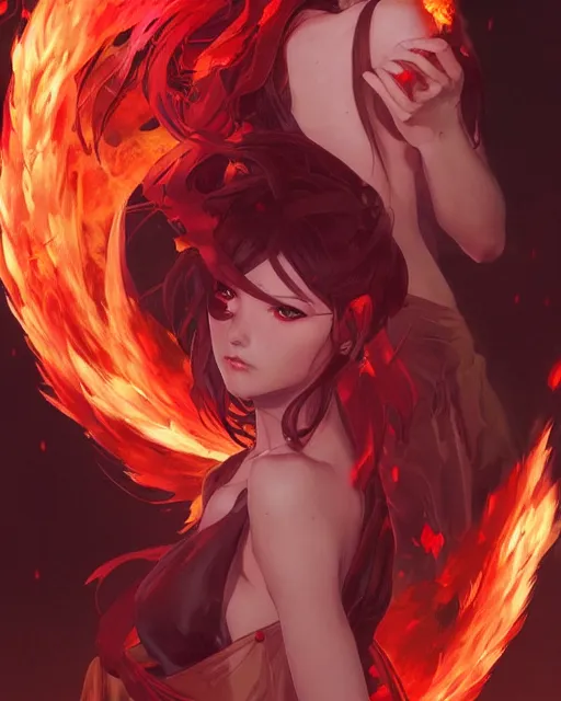 Prompt: red eyed beautiful anime girl, flames everywhere, highly detailed, digital painting, artstation, concept art, smooth, sharp focus, illustration, art by artgerm and greg rutkowski and alphonse mucha