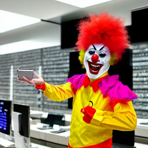 Image similar to scary clown working at an apple store