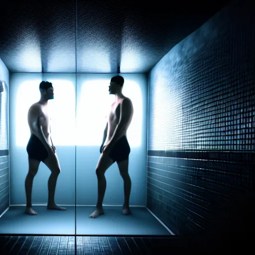 Image similar to two guys in the steam room. super realistic 8 k render of a elegant, cinematic composition