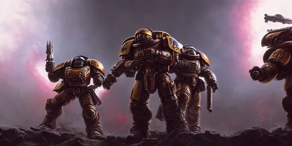 Image similar to high detailed painting, two bearded space marine gays standing next to each other, warhammer 40000, cinematic light, by jeremy geddes, trending on artstation, ultrarealistic concept art, illustration, 4k, hd, high quality